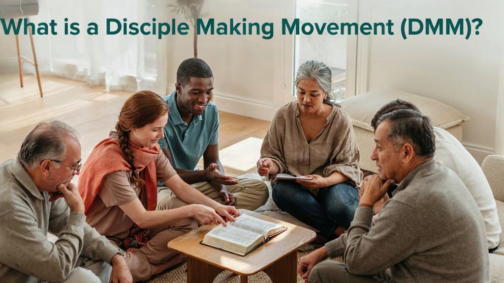 A diverse group of people sits in a circle on the floor, gathered around a Bible on a small wooden table in a bright, modern living room. The image is titled with the question, 'What is a Disciple Making Movement (DMM)?'